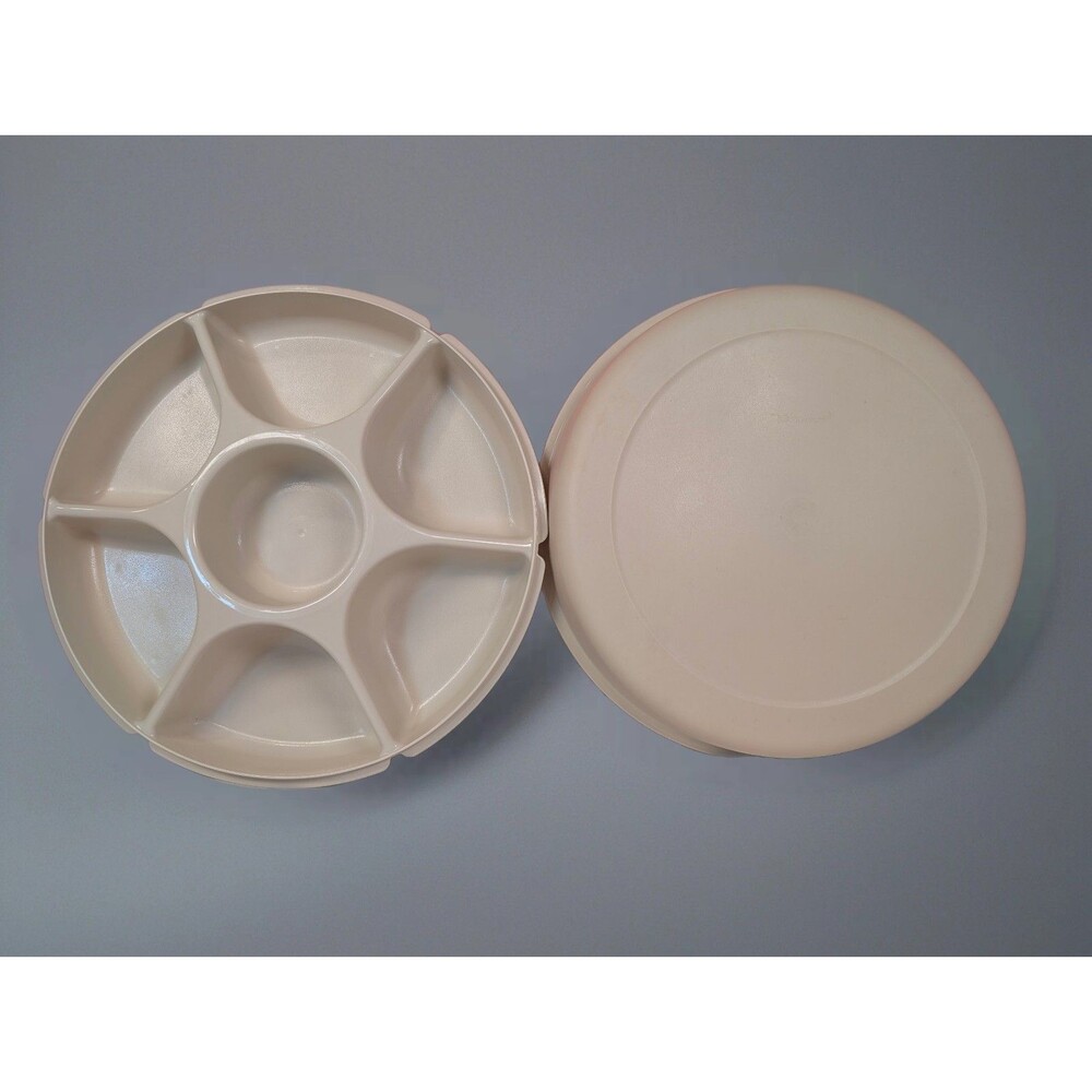 Vintage Tupperware Round Divided Serving Tray Almond 1666-2 1665-2